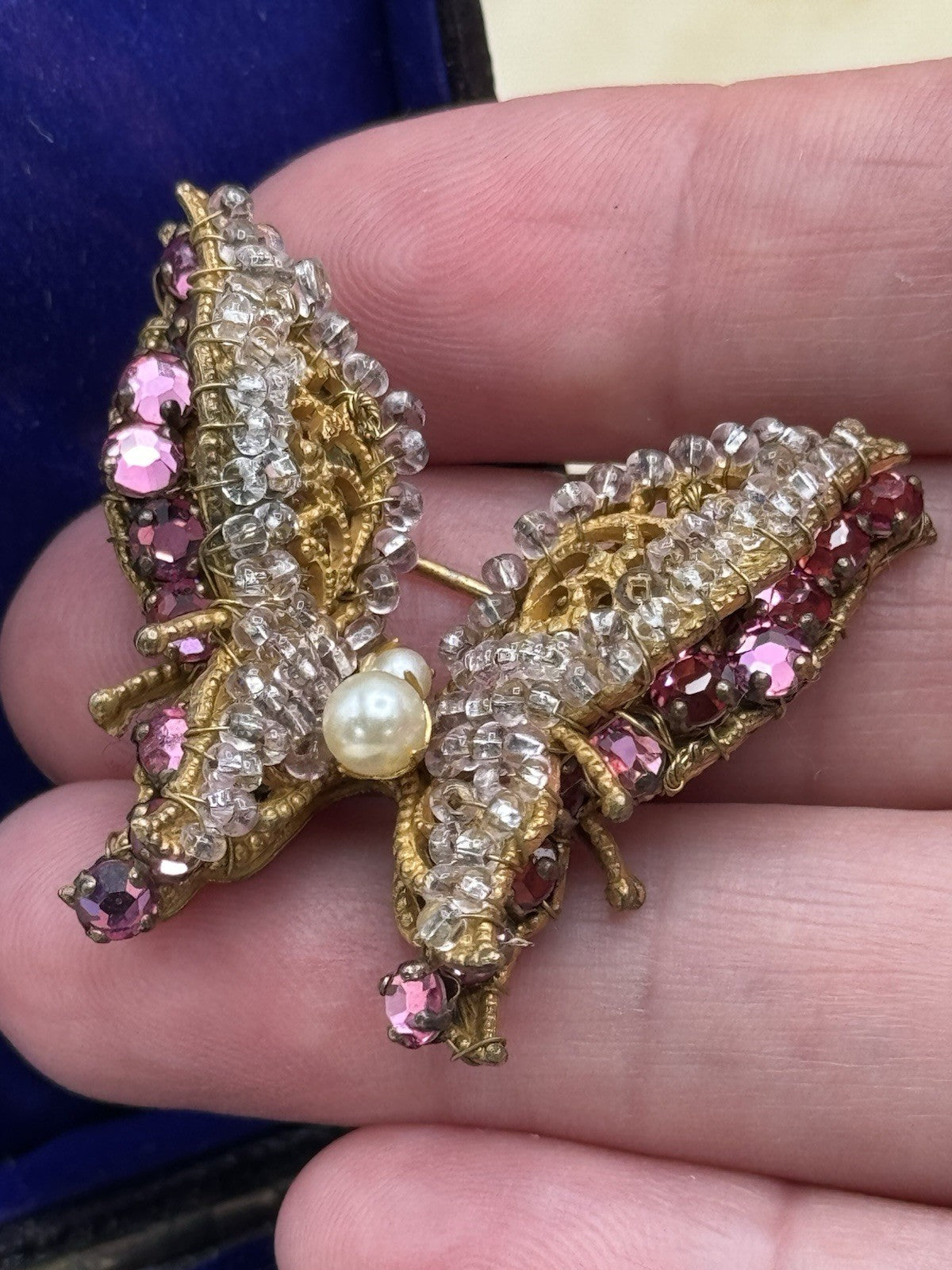 Vintage SIGNED Miriam Haskell Butterfly Brooch Pink Goldtone