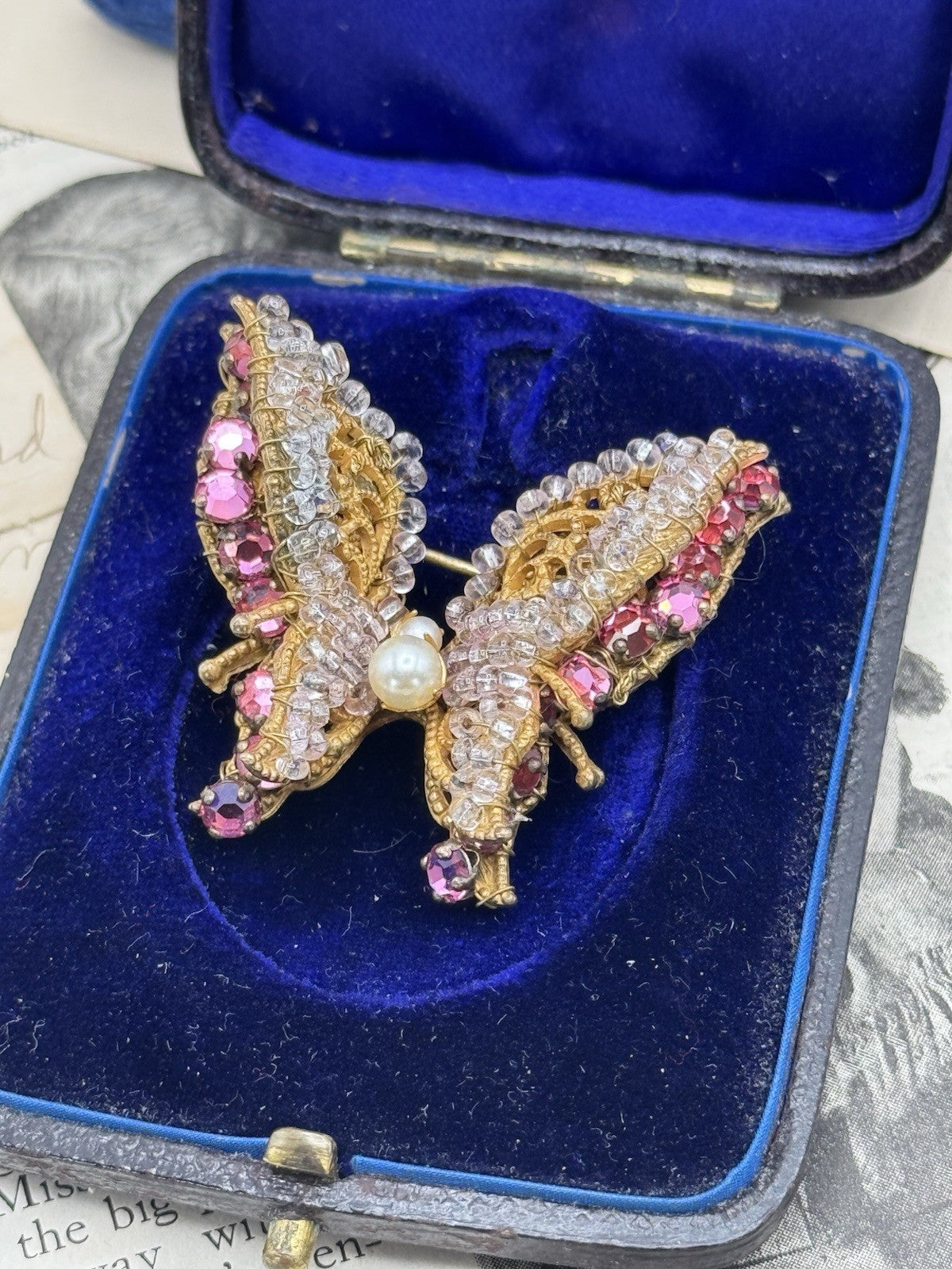 Vintage SIGNED Miriam Haskell Butterfly Brooch Pink Goldtone
