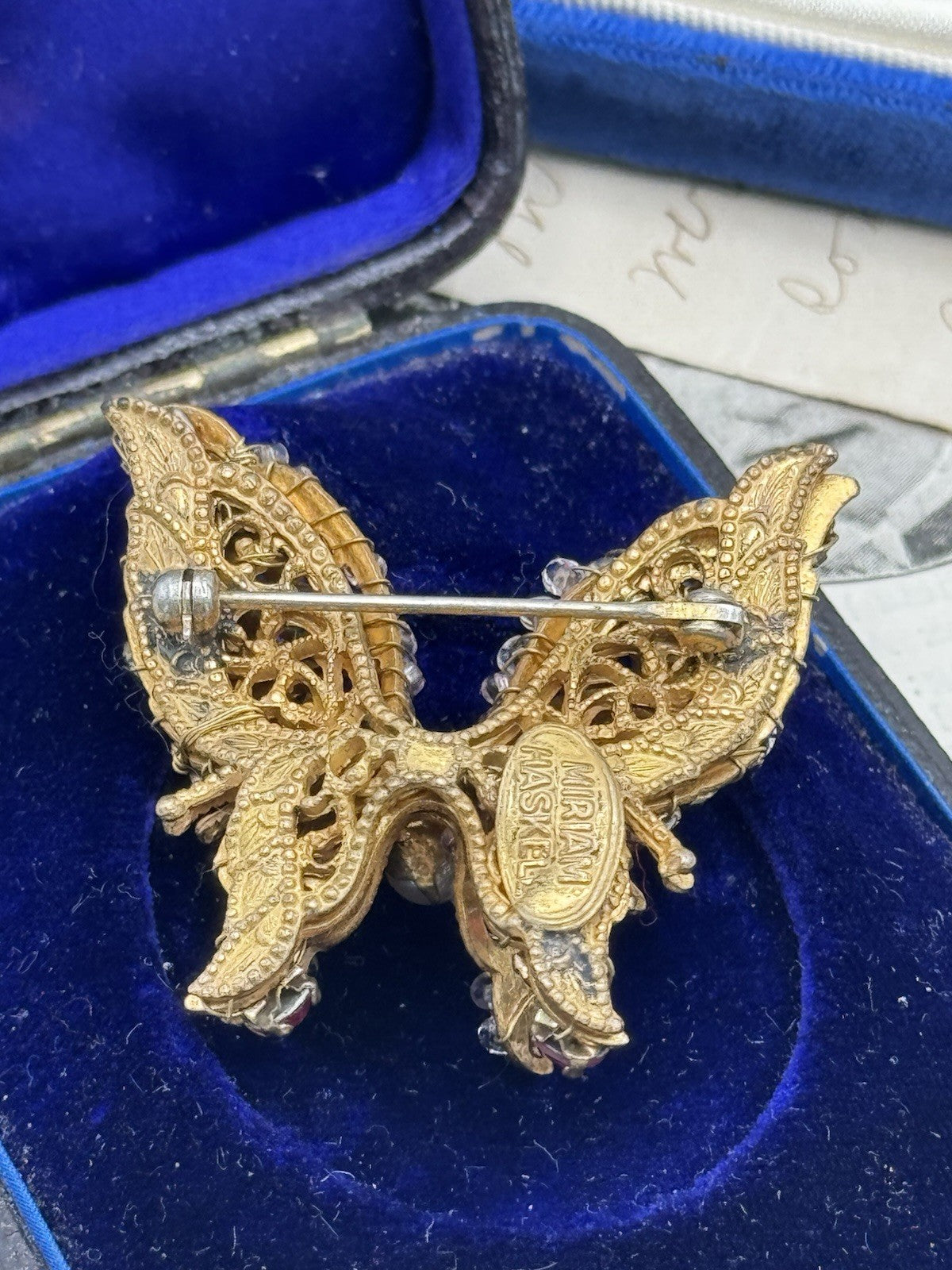 Vintage SIGNED Miriam Haskell Butterfly Brooch Pink Goldtone