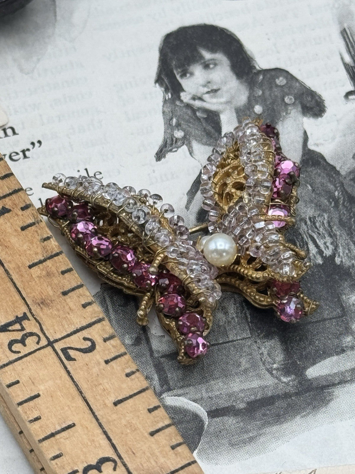 Vintage SIGNED Miriam Haskell Butterfly Brooch Pink Goldtone