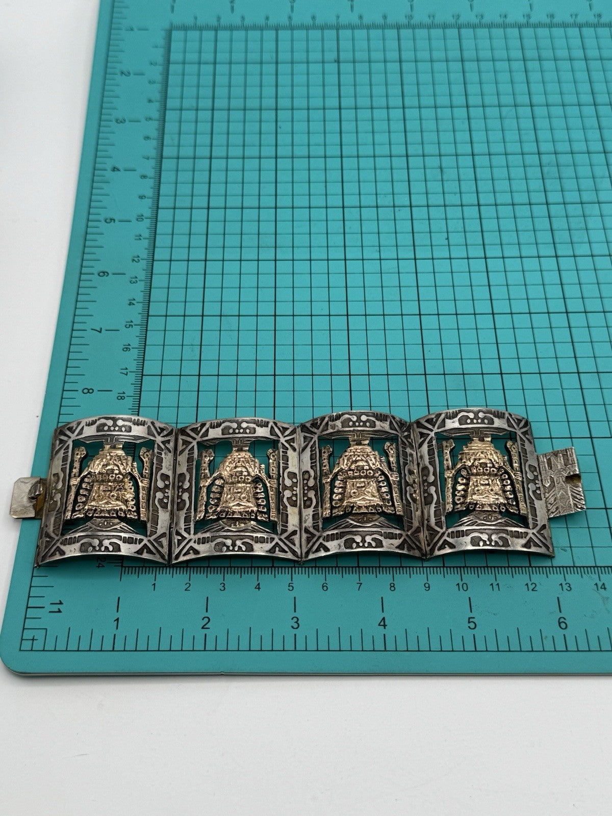 Vintage 825 SILVER Hallmarked AZTEC Panel Bracelet Gold Accents Tested 10k Circa 6.25”l