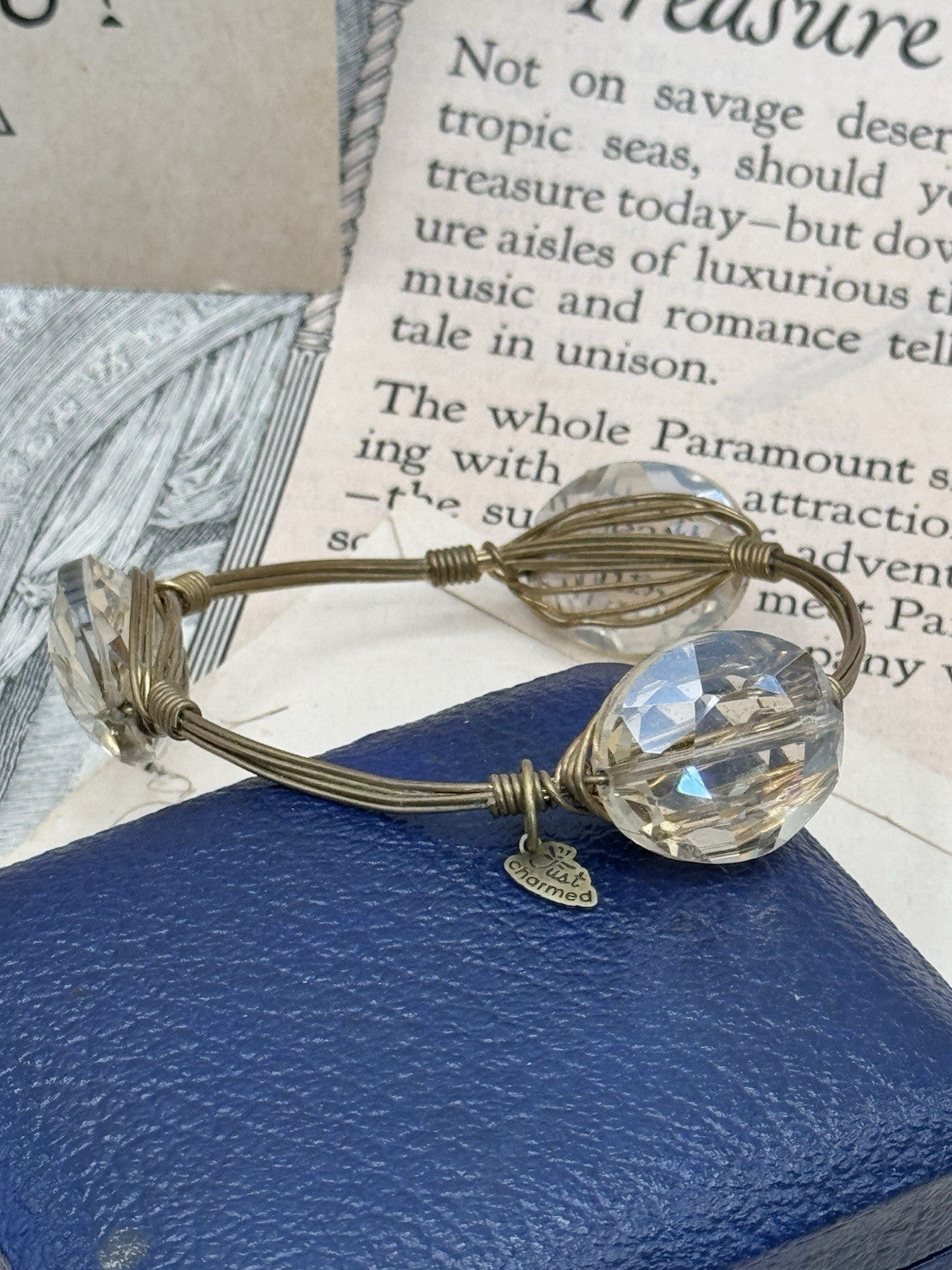 Clear Glass Crystal Goldtone Wire Wrapped Bangle Bracelet 8” Chunky ESTATE FIND