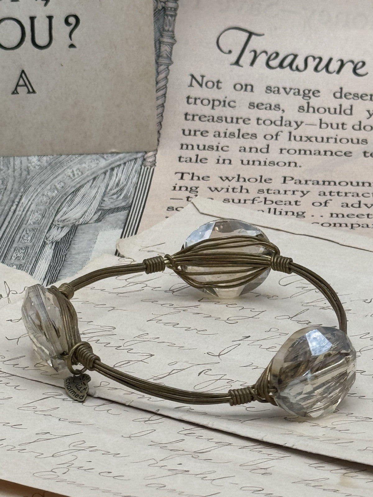Clear Glass Crystal Goldtone Wire Wrapped Bangle Bracelet 8” Chunky ESTATE FIND