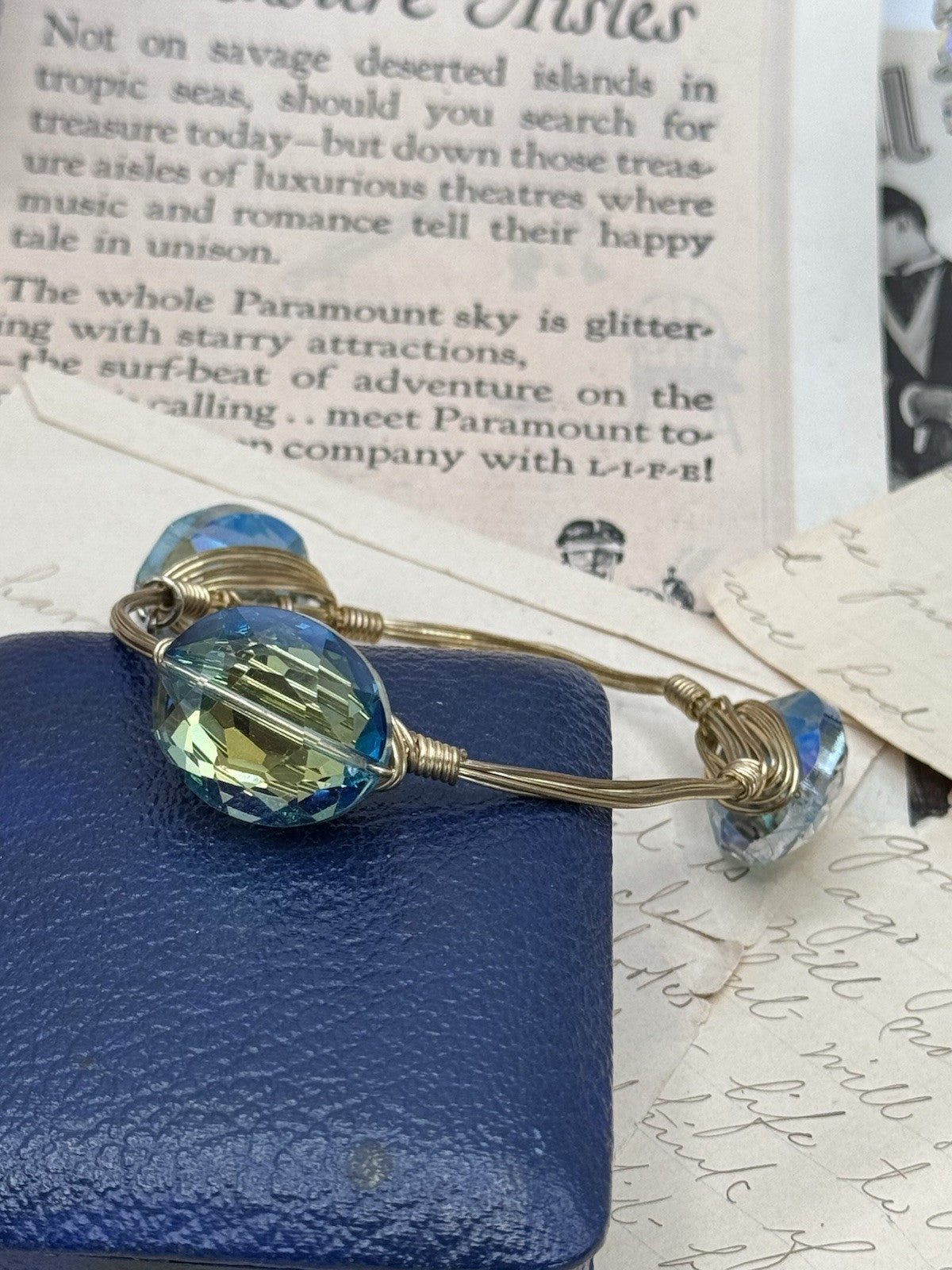 Yellow Blue Glass Crystal Goldtone Wire Wrapped Bangle Bracelet 8” ESTATE FIND