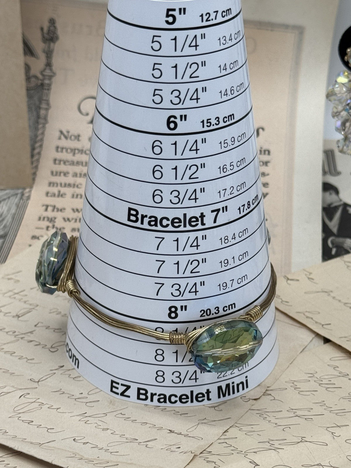 Yellow Blue Glass Crystal Goldtone Wire Wrapped Bangle Bracelet 8” ESTATE FIND