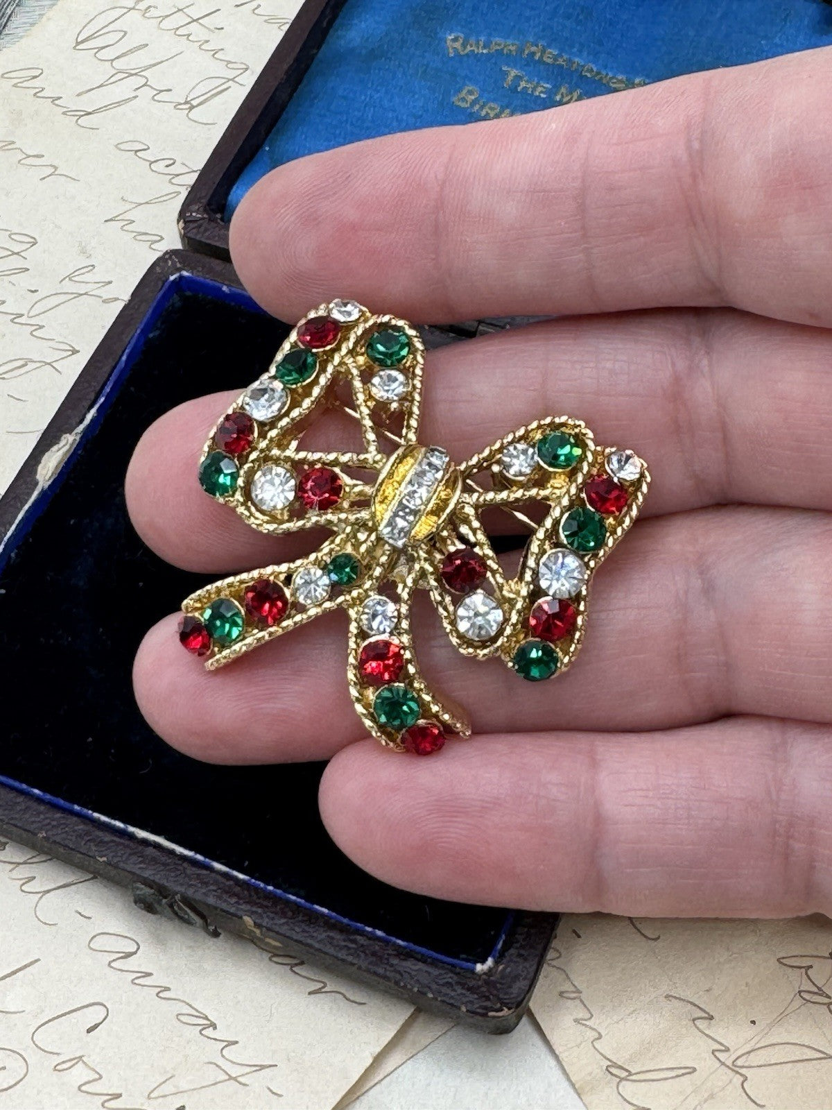 EISENBERG ICE Red Green Crystal Rhinestone Bow Knot Brooch ESTATE FIND