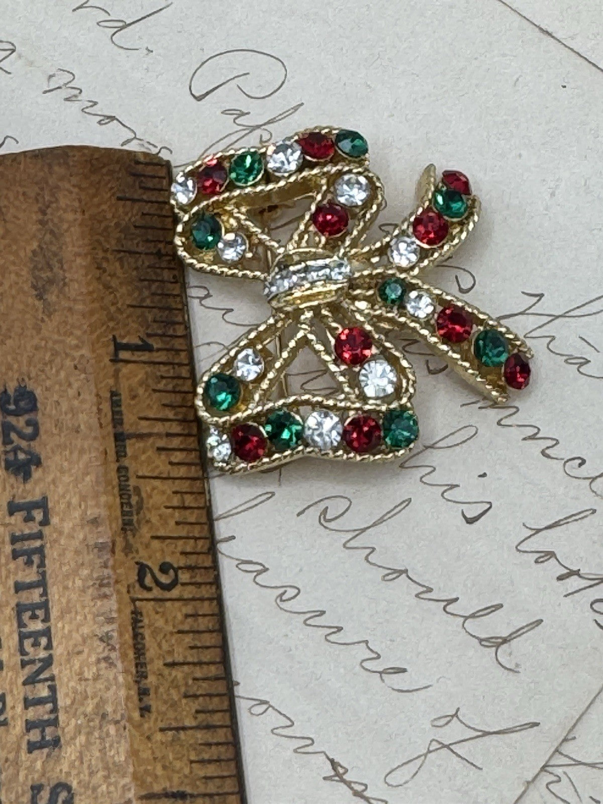 EISENBERG ICE Red Green Crystal Rhinestone Bow Knot Brooch ESTATE FIND
