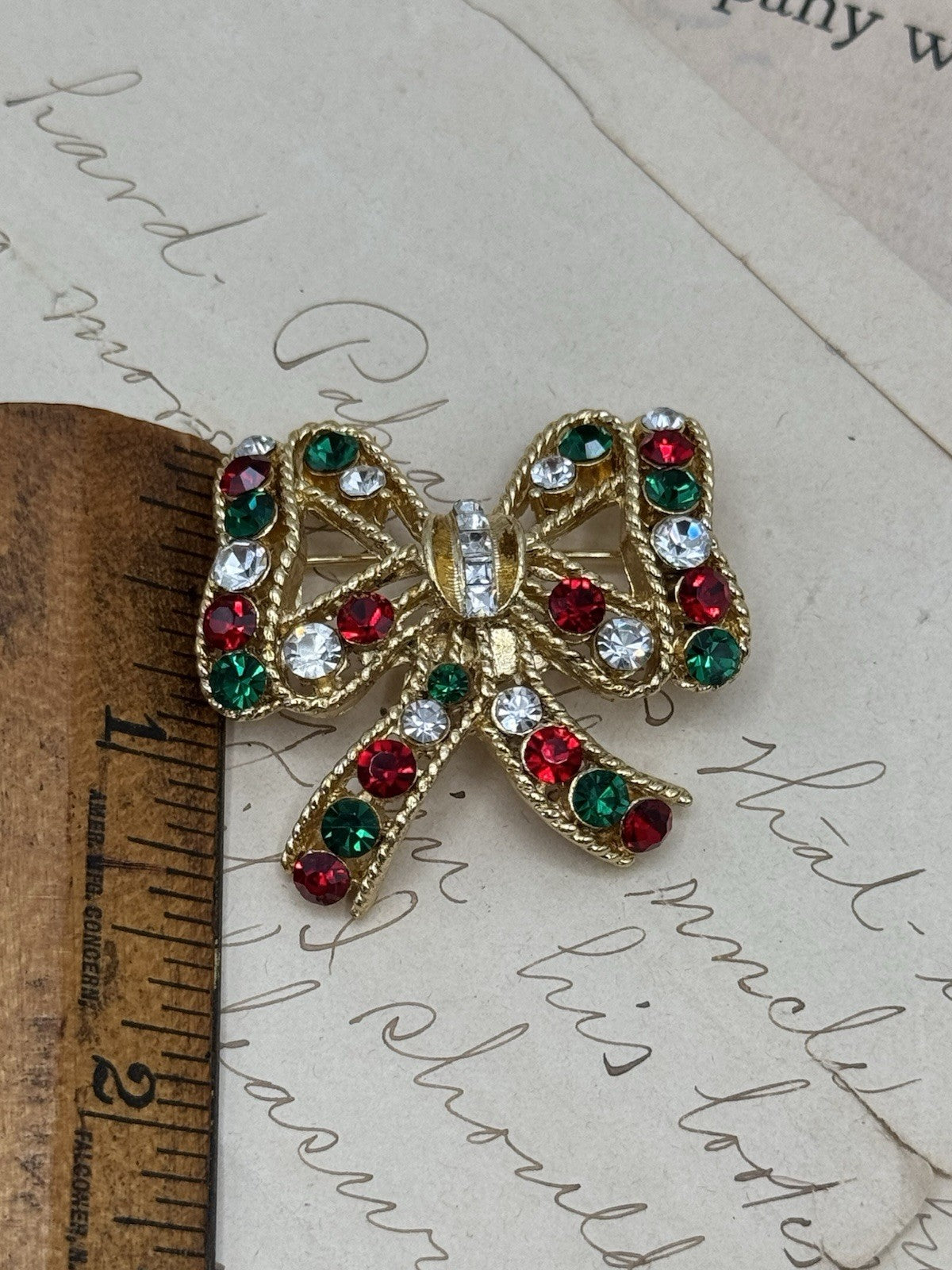EISENBERG ICE Red Green Crystal Rhinestone Bow Knot Brooch ESTATE FIND