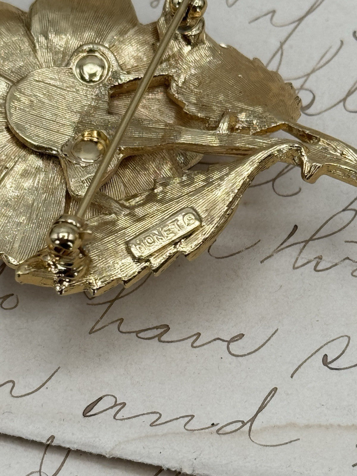Vintage Signed MONET Brooch Goldtone Rose ESTATE FIND