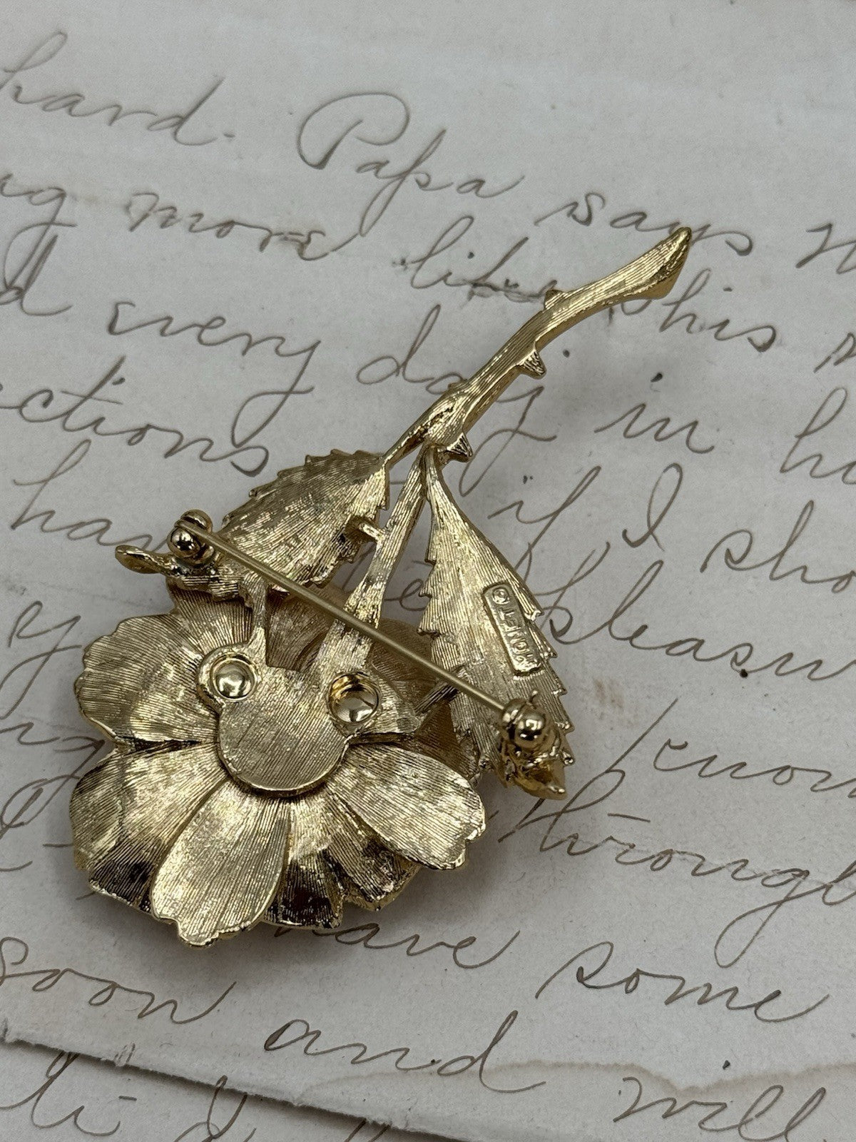 Vintage Signed MONET Brooch Goldtone Rose ESTATE FIND