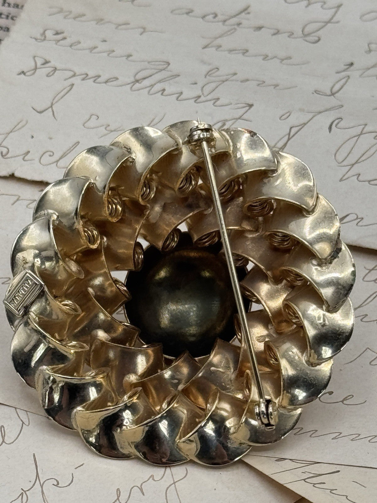 Vintage MARVELLA Signed Goldtone Rosette Swirl Brooch ESTATE FIND