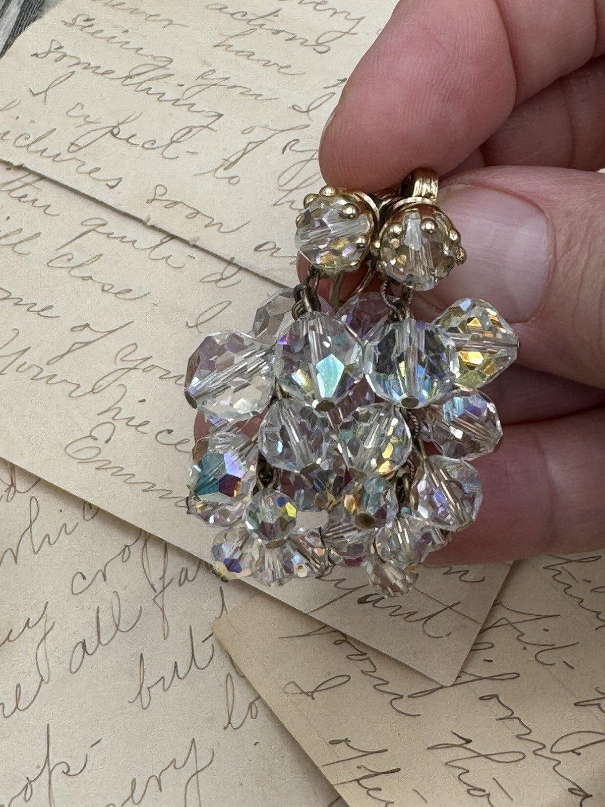 Vintage AB Clear Crystal Dangler Earrings Cha Cha Style Clip-on Goldtone