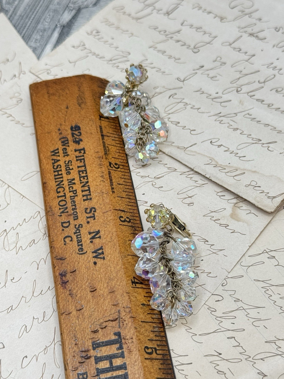 Vintage AB Clear Crystal Dangler Earrings Cha Cha Style Clip-on Goldtone