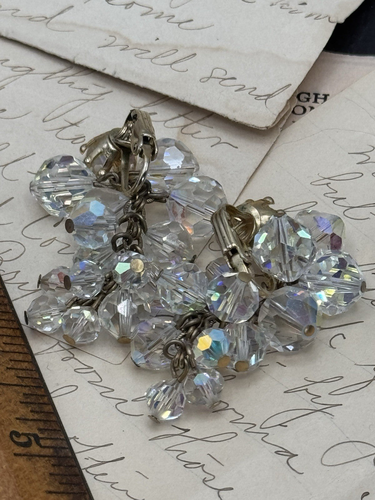 Vintage AB Clear Crystal Dangler Earrings Cha Cha Style Clip-on Goldtone