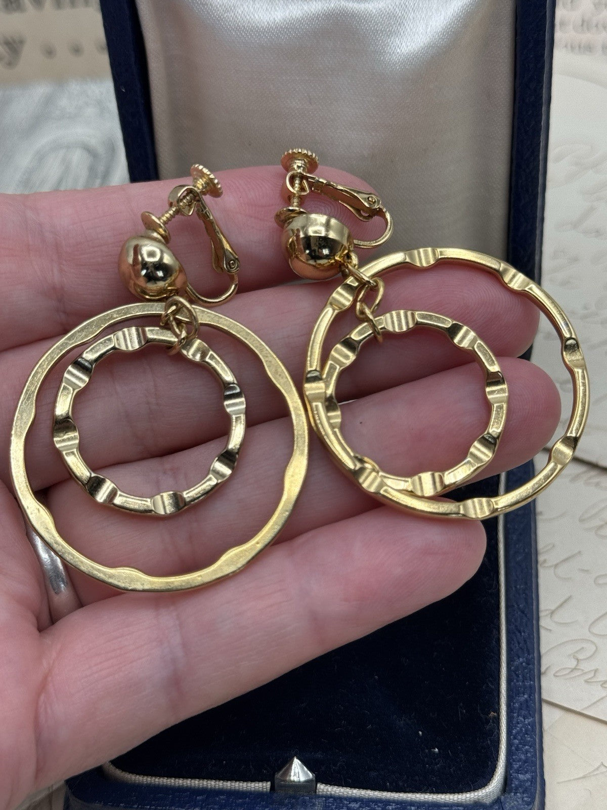 Vintage Goldtone Dangle Hoop Earrings NAPIER Signed Clip-on Screwback