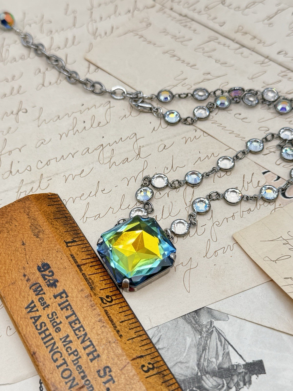 Aurora Borealis Large Star Design Crystal Pendant Necklace Christal Beaded ESTATE FIND
