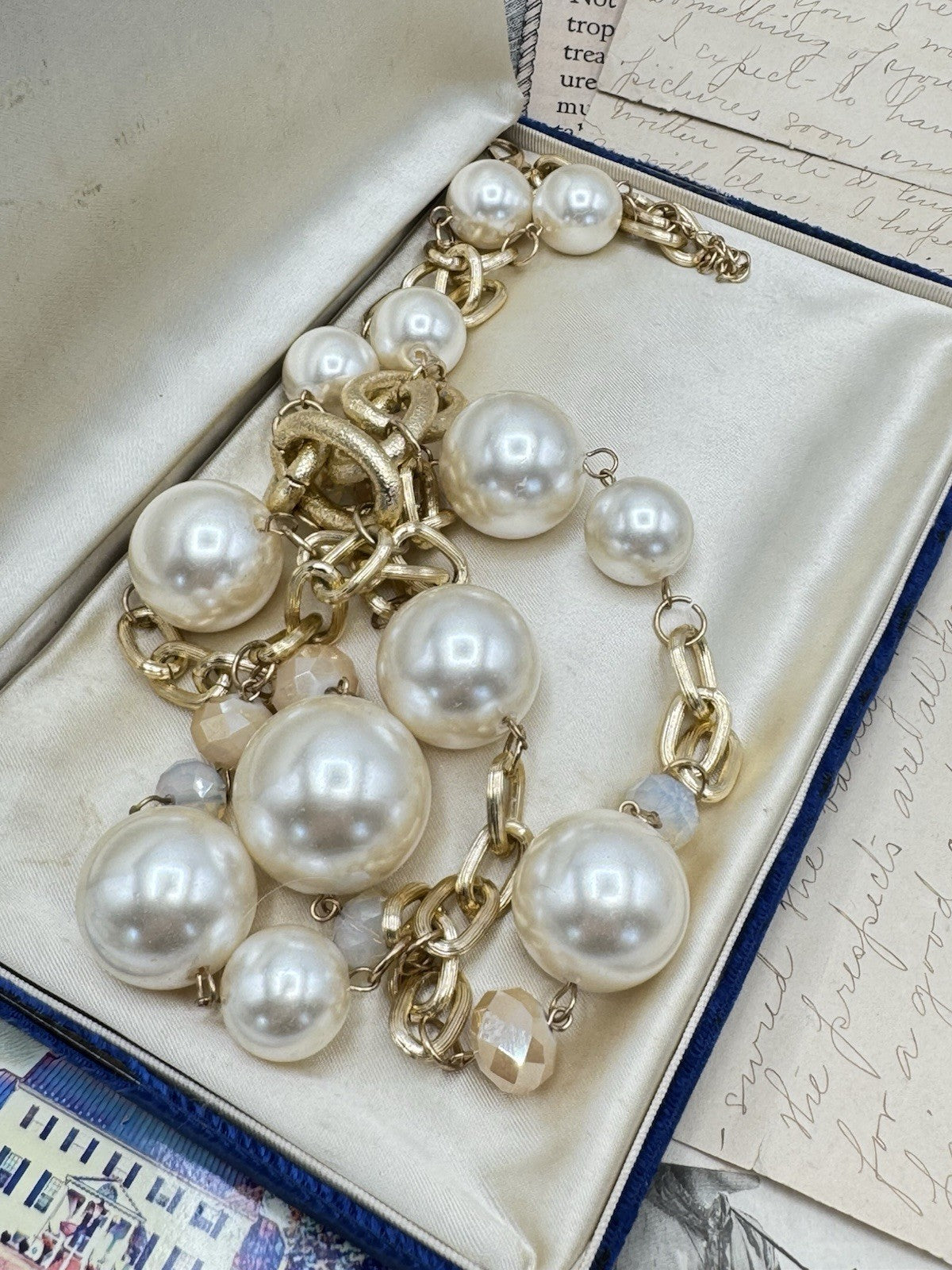 Simulated Pearl Long Chunky Necklace Goldtone 26” ESTATE FIND