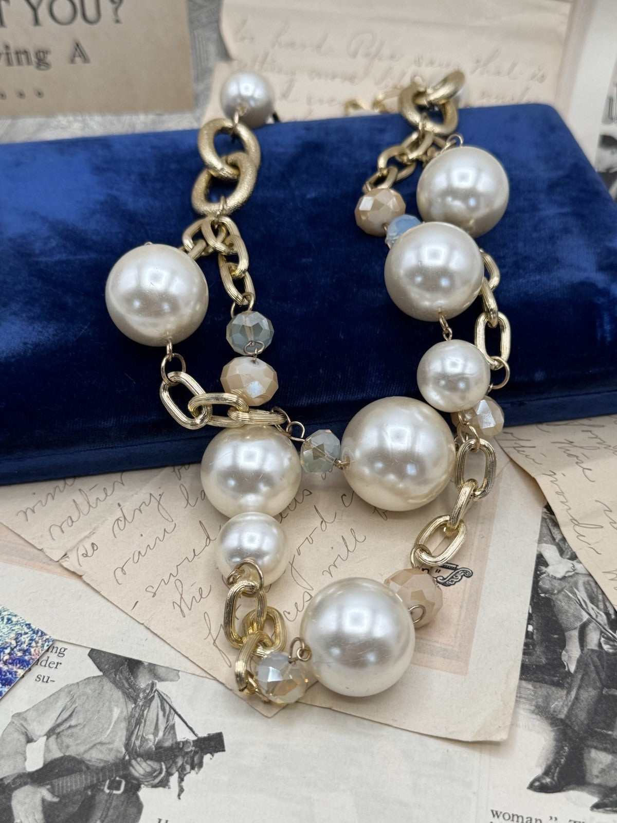 Simulated Pearl Long Chunky Necklace Goldtone 26” ESTATE FIND
