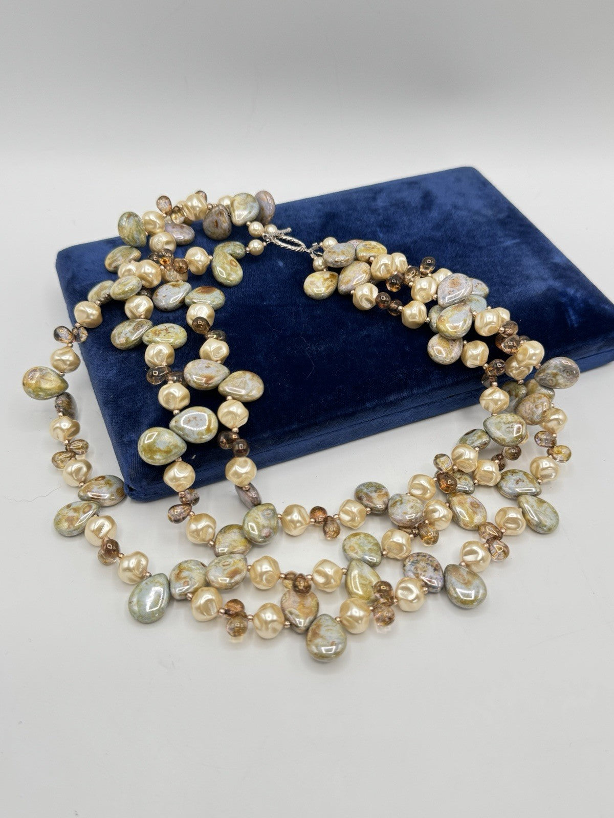 3 Strand Simulated Pearls Glass Beads And Stone Necklace 16” ESTATE FIND