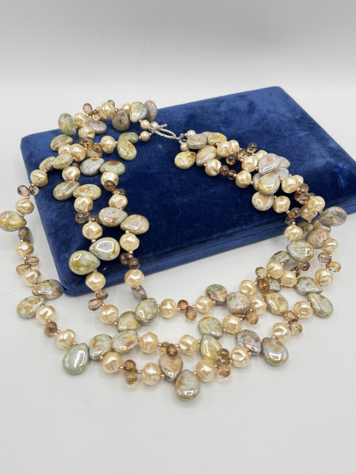 3 Strand Simulated Pearls Glass Beads And Stone Necklace 16” ESTATE FIND