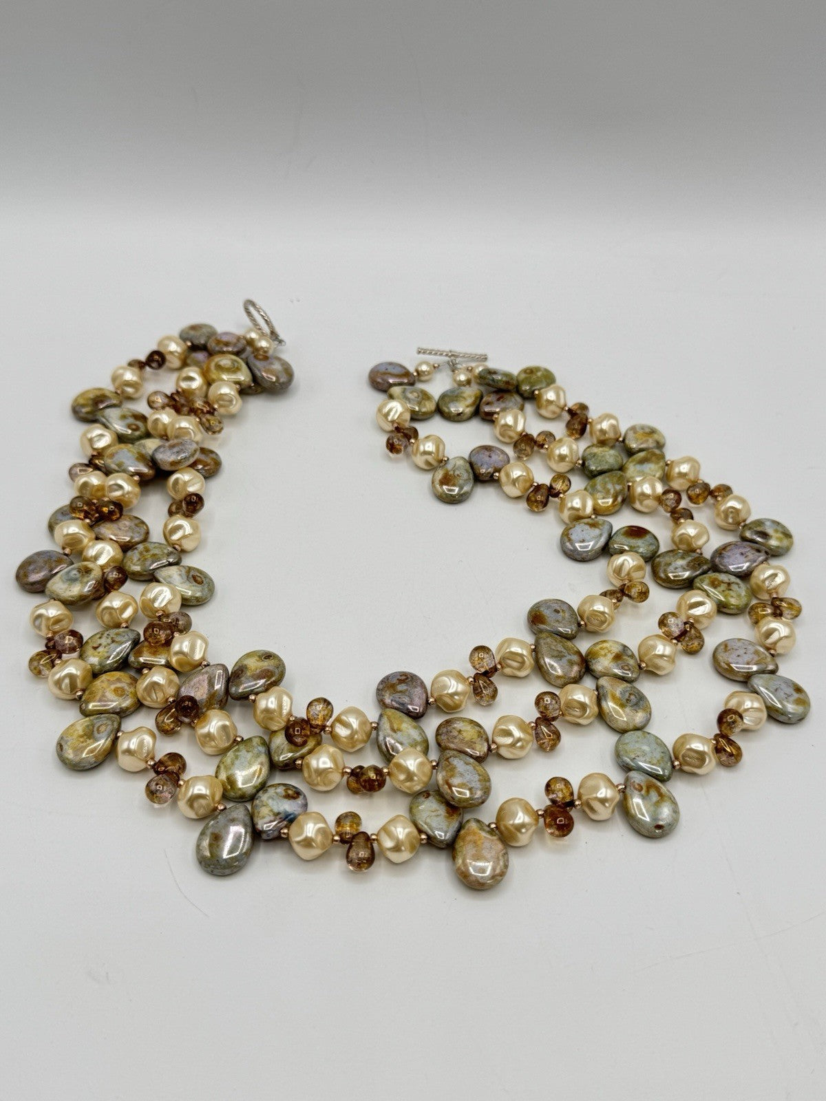 3 Strand Simulated Pearls Glass Beads And Stone Necklace 16” ESTATE FIND