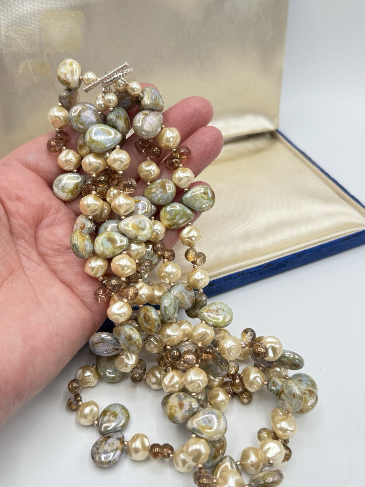 3 Strand Simulated Pearls Glass Beads And Stone Necklace 16” ESTATE FIND