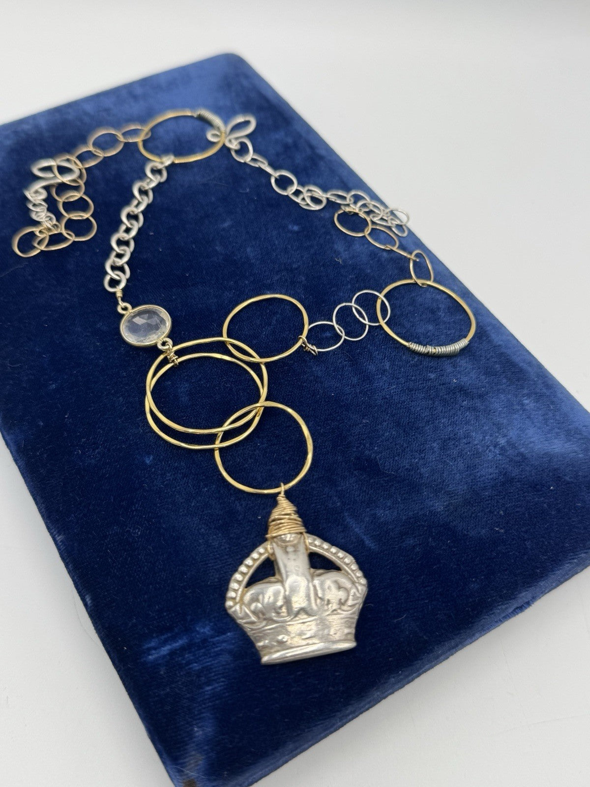 Wire Twist Crown Pendant Silver & Goldtone Necklace 19” ESTATE FIND
