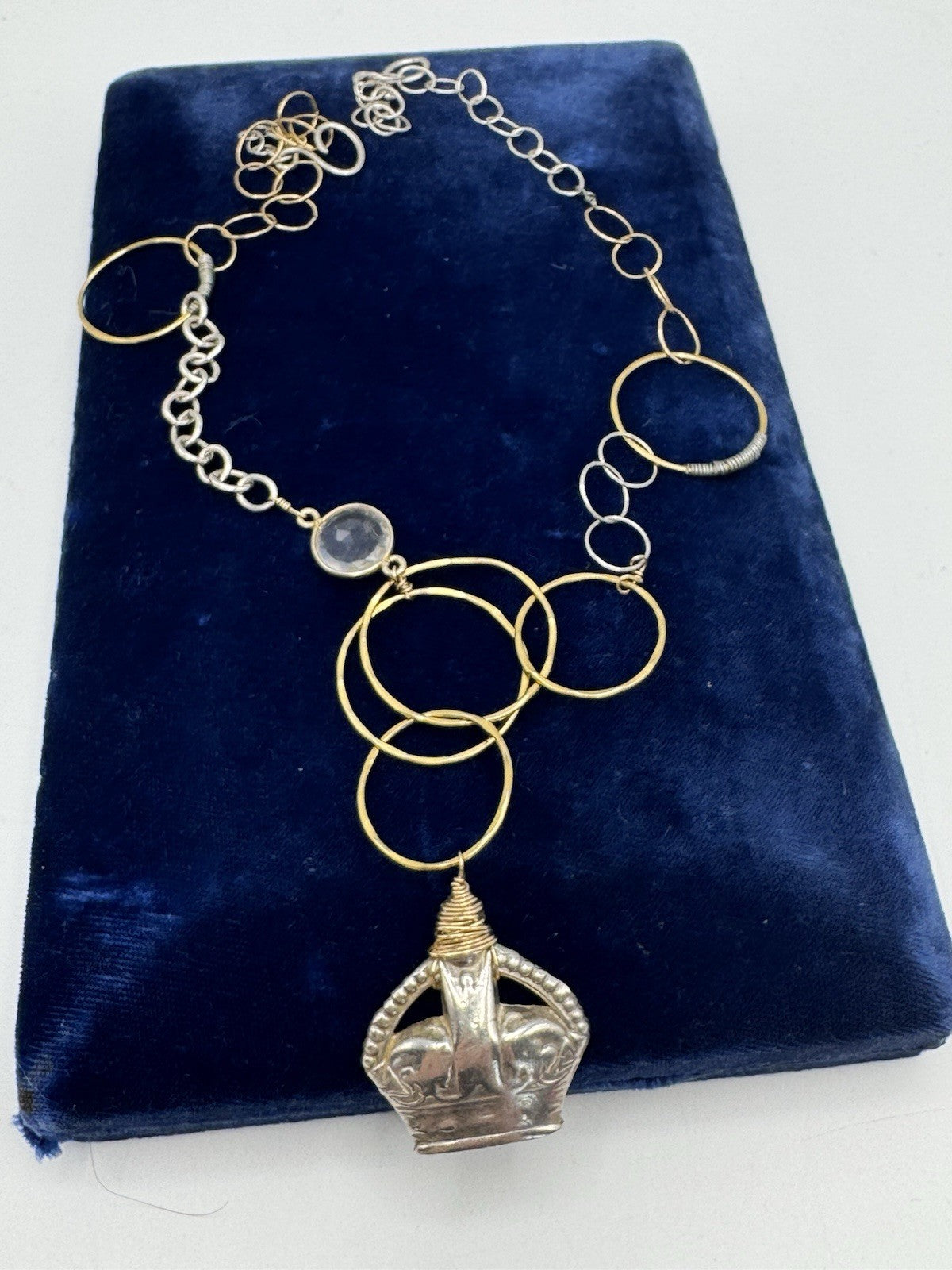 Wire Twist Crown Pendant Silver & Goldtone Necklace 19” ESTATE FIND