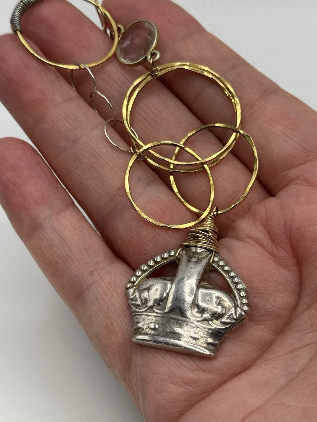 Wire Twist Crown Pendant Silver & Goldtone Necklace 19” ESTATE FIND