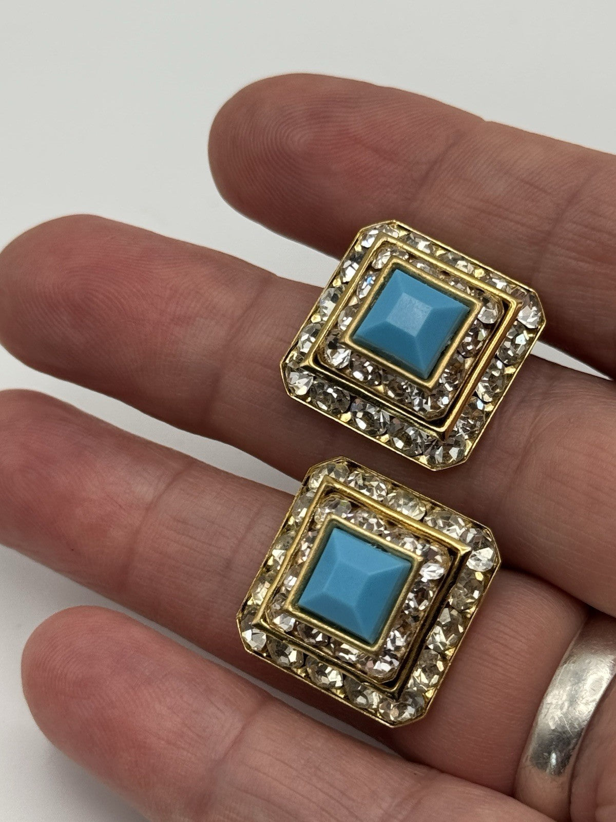 Vintage EARRINGS Goldtone Rhinestone And Blue Center Acrylic Stone ESTATE FIND