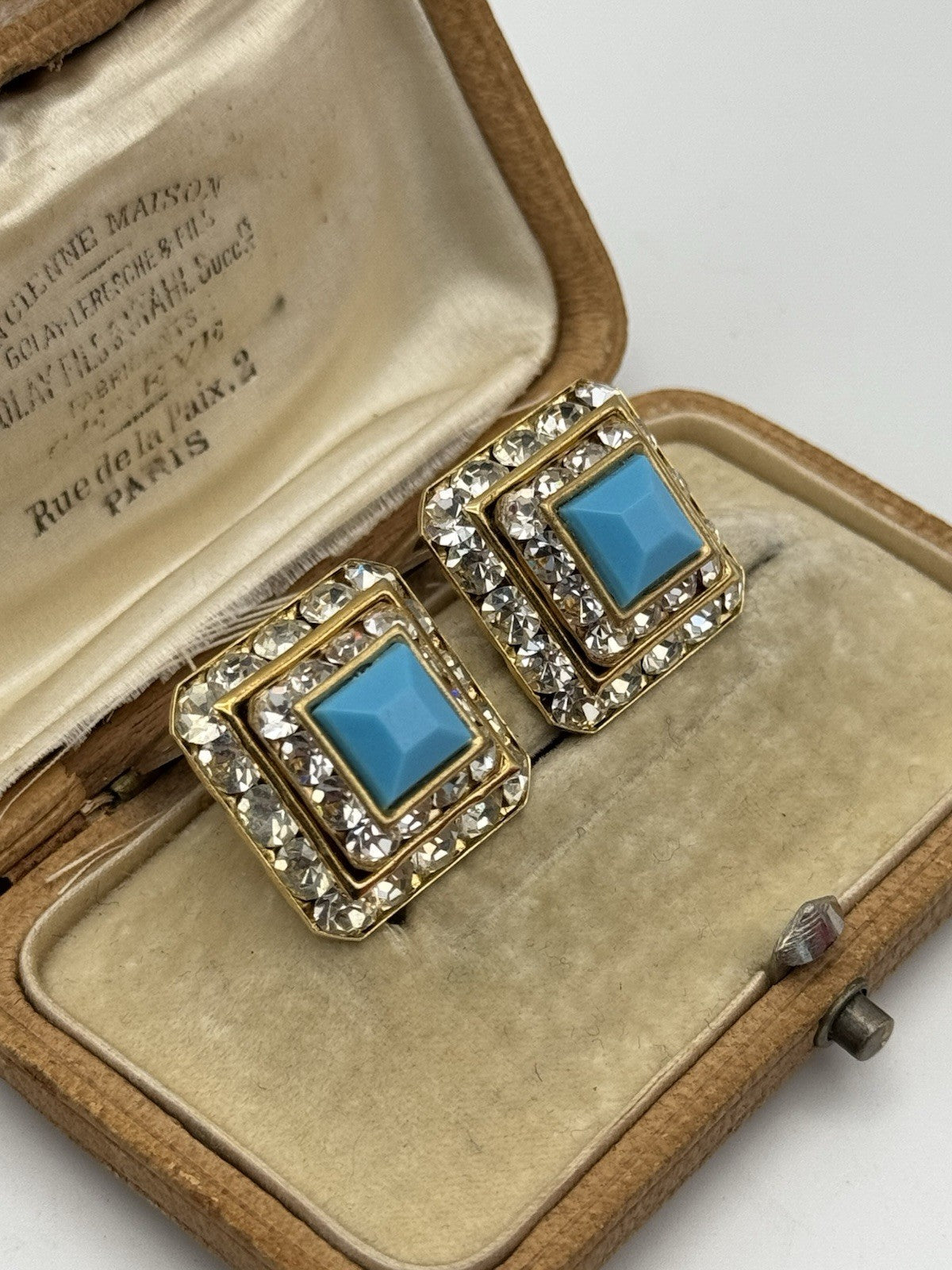Vintage EARRINGS Goldtone Rhinestone And Blue Center Acrylic Stone ESTATE FIND