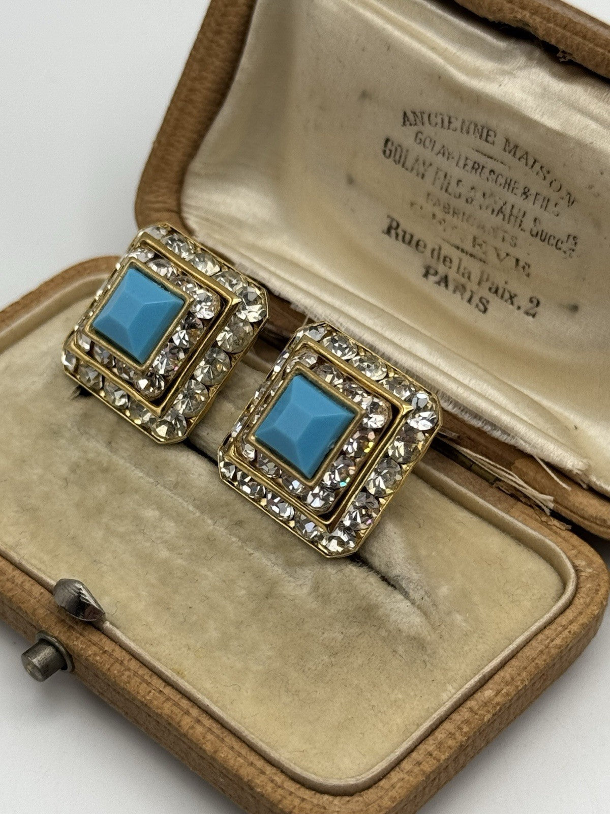 Vintage EARRINGS Goldtone Rhinestone And Blue Center Acrylic Stone ESTATE FIND