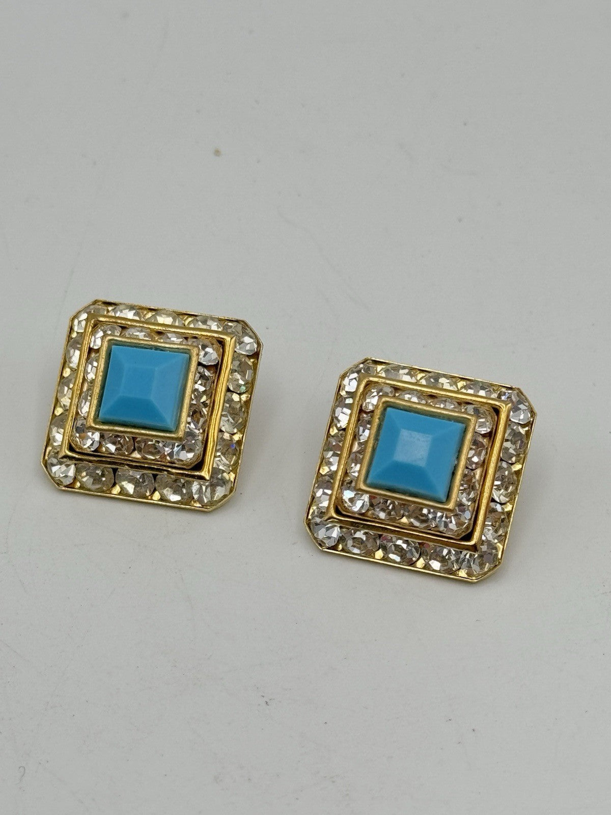 Vintage EARRINGS Goldtone Rhinestone And Blue Center Acrylic Stone ESTATE FIND