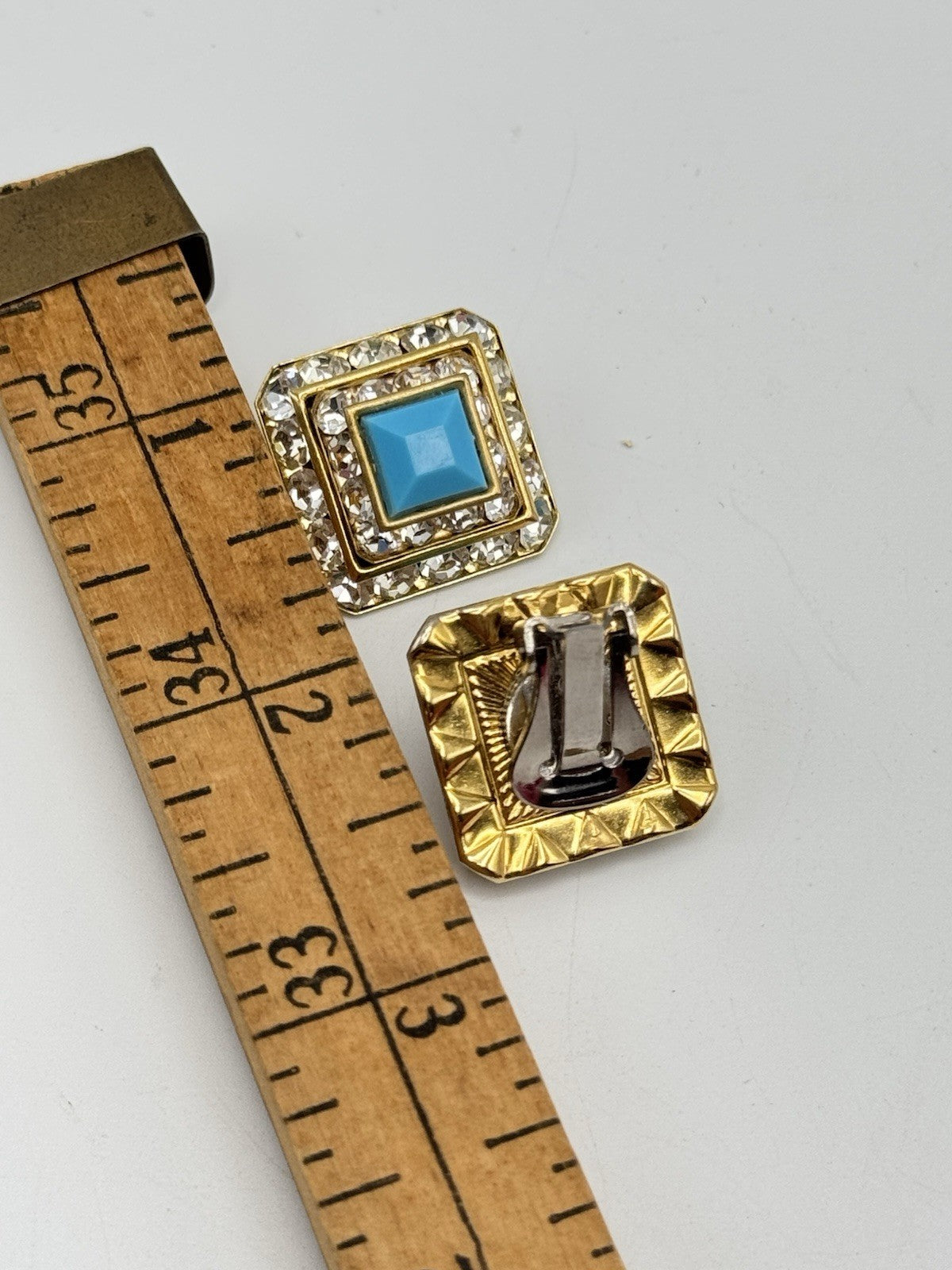 Vintage EARRINGS Goldtone Rhinestone And Blue Center Acrylic Stone ESTATE FIND