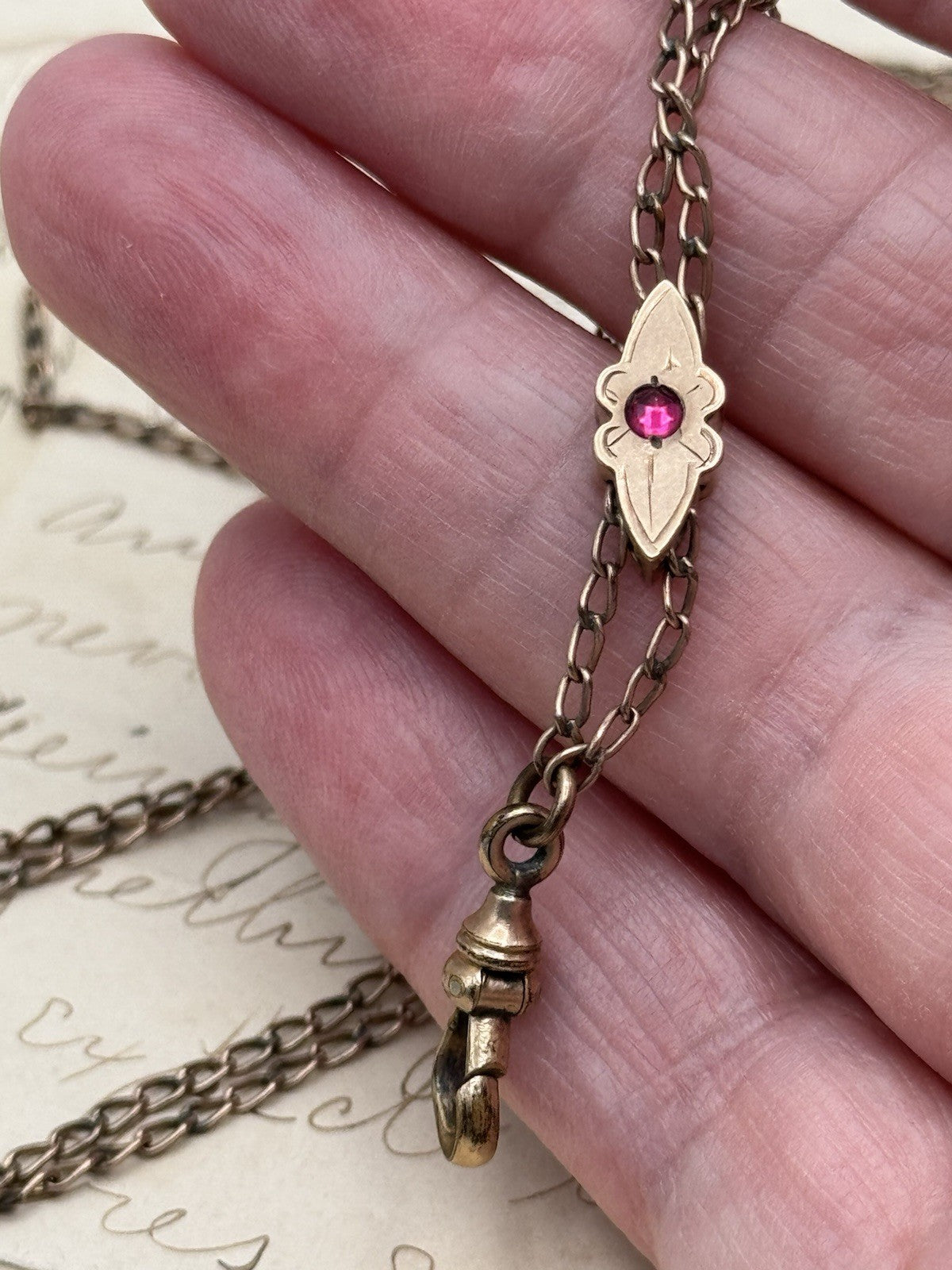 Antique Gold-Filled Chatelaine Slider Watch Chain NECKLACE 46”l SIGNED D&C