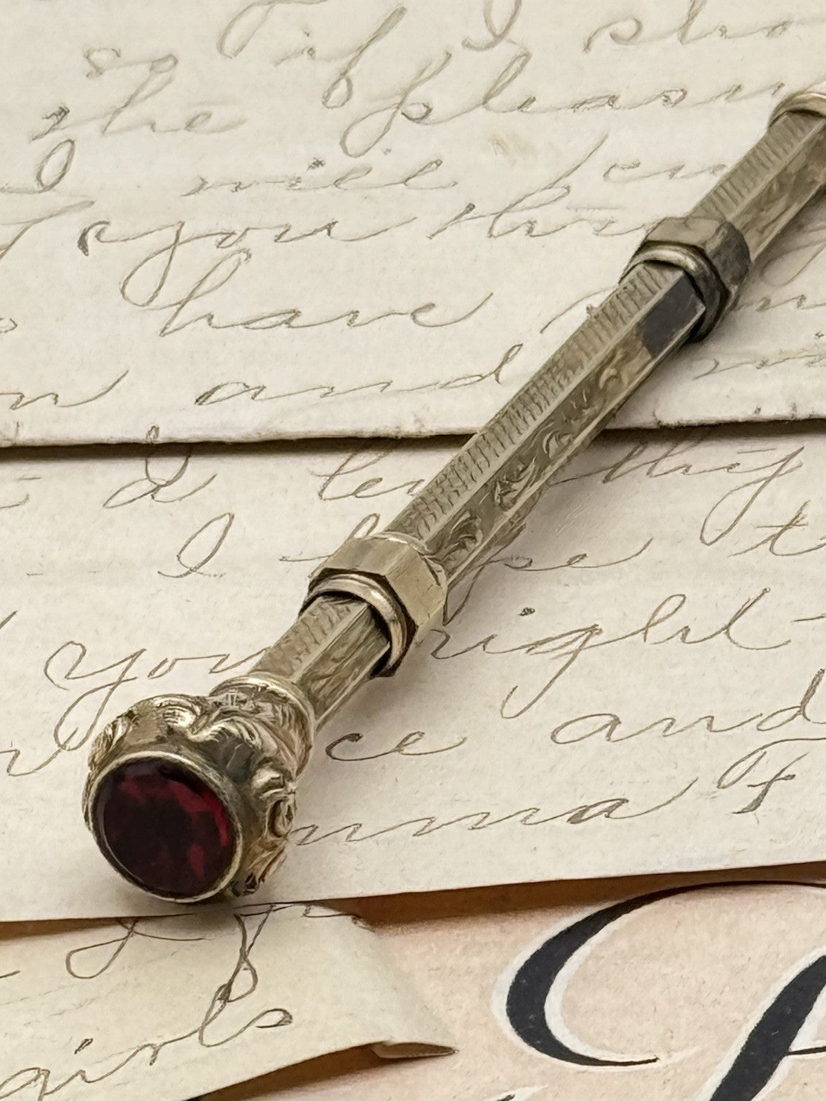 Antique Gold-Filled Dip Pen & Propelling Pencil Combo Jeweled Red Stone