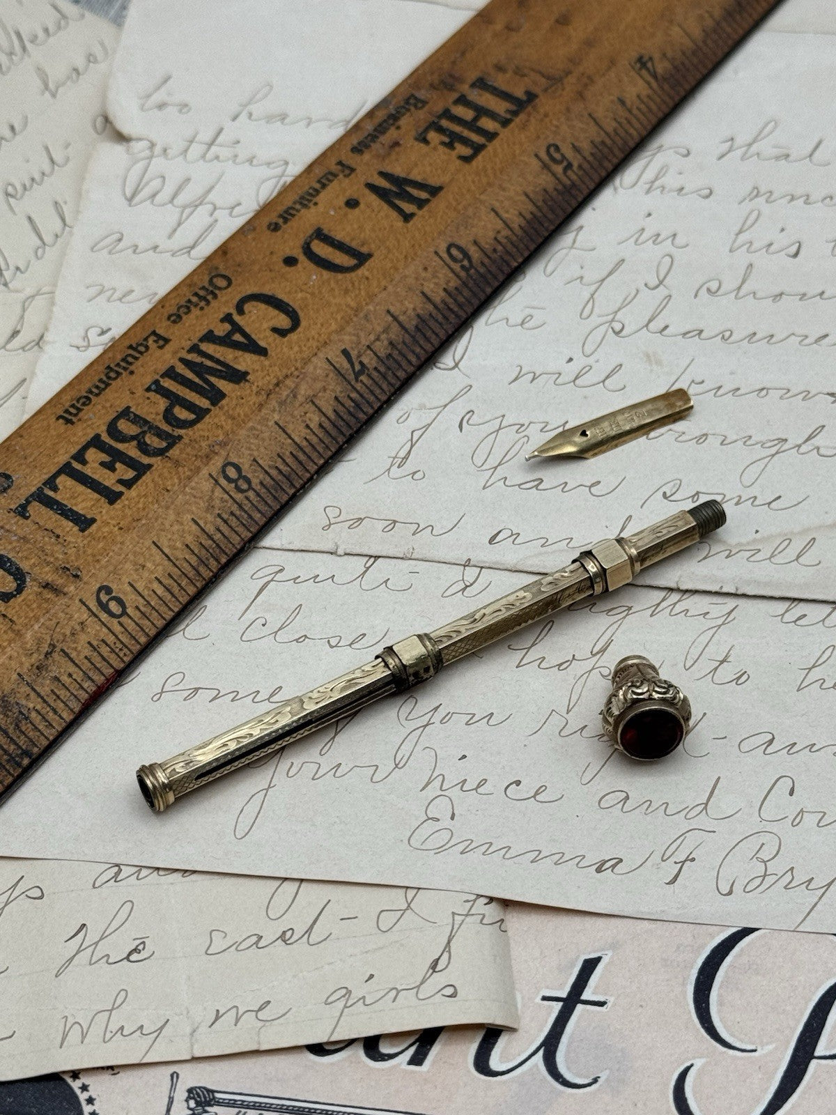 Antique Gold-Filled Dip Pen & Propelling Pencil Combo Jeweled Red Stone