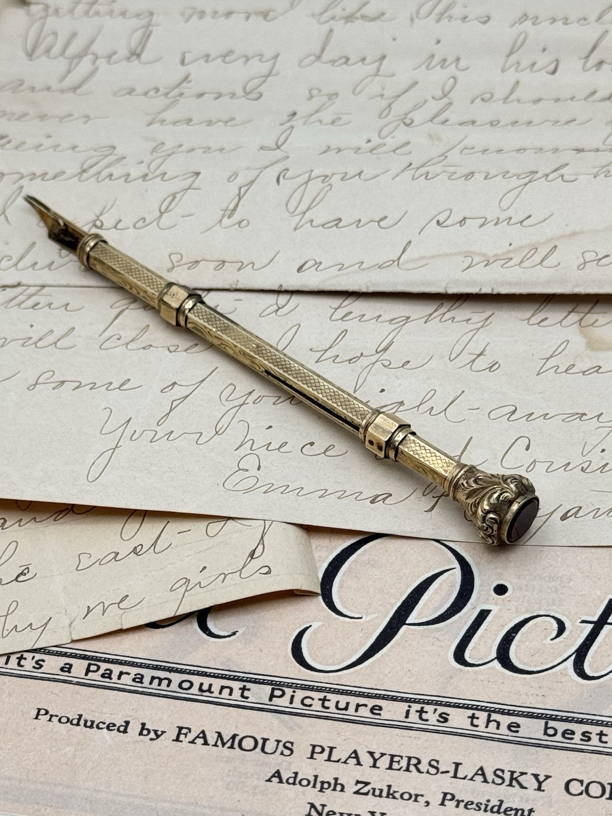 Antique Gold-Filled Dip Pen & Propelling Pencil Combo Jeweled Red Stone