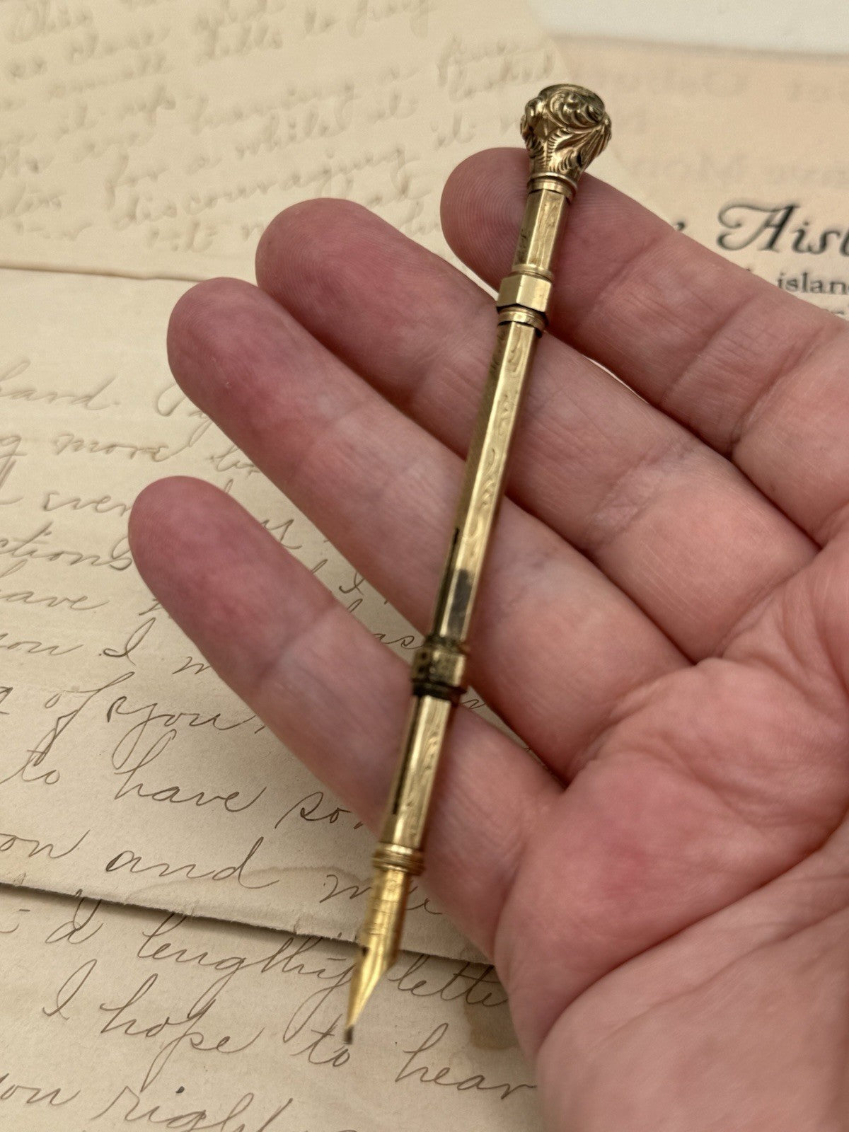 Antique Gold-Filled Dip Pen & Propelling Pencil Combo Jeweled Red Stone