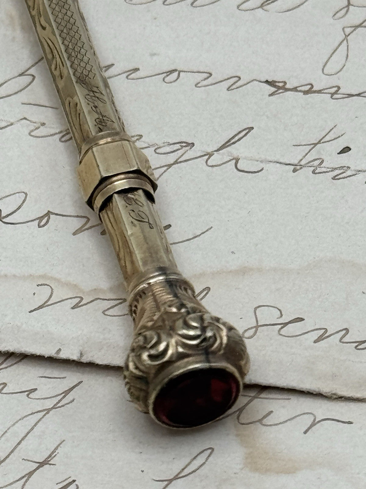 Antique Gold-Filled Dip Pen & Propelling Pencil Combo Jeweled Red Stone