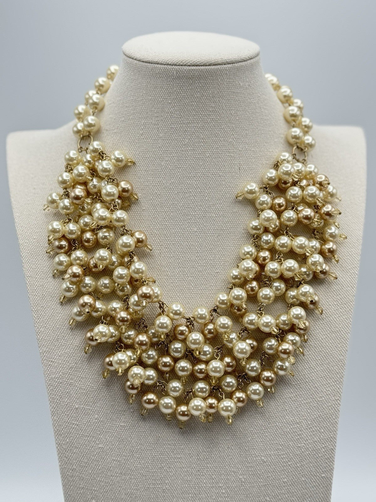 White And Champagne Faux Pearl Bib Choker Necklace ESTATE FIND