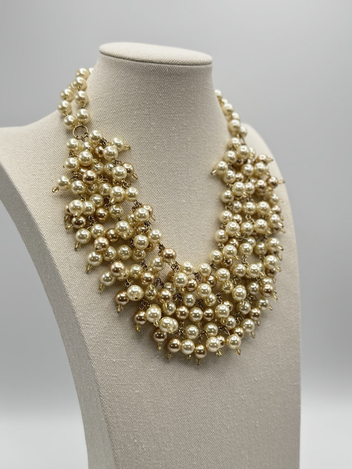 White And Champagne Faux Pearl Bib Choker Necklace ESTATE FIND