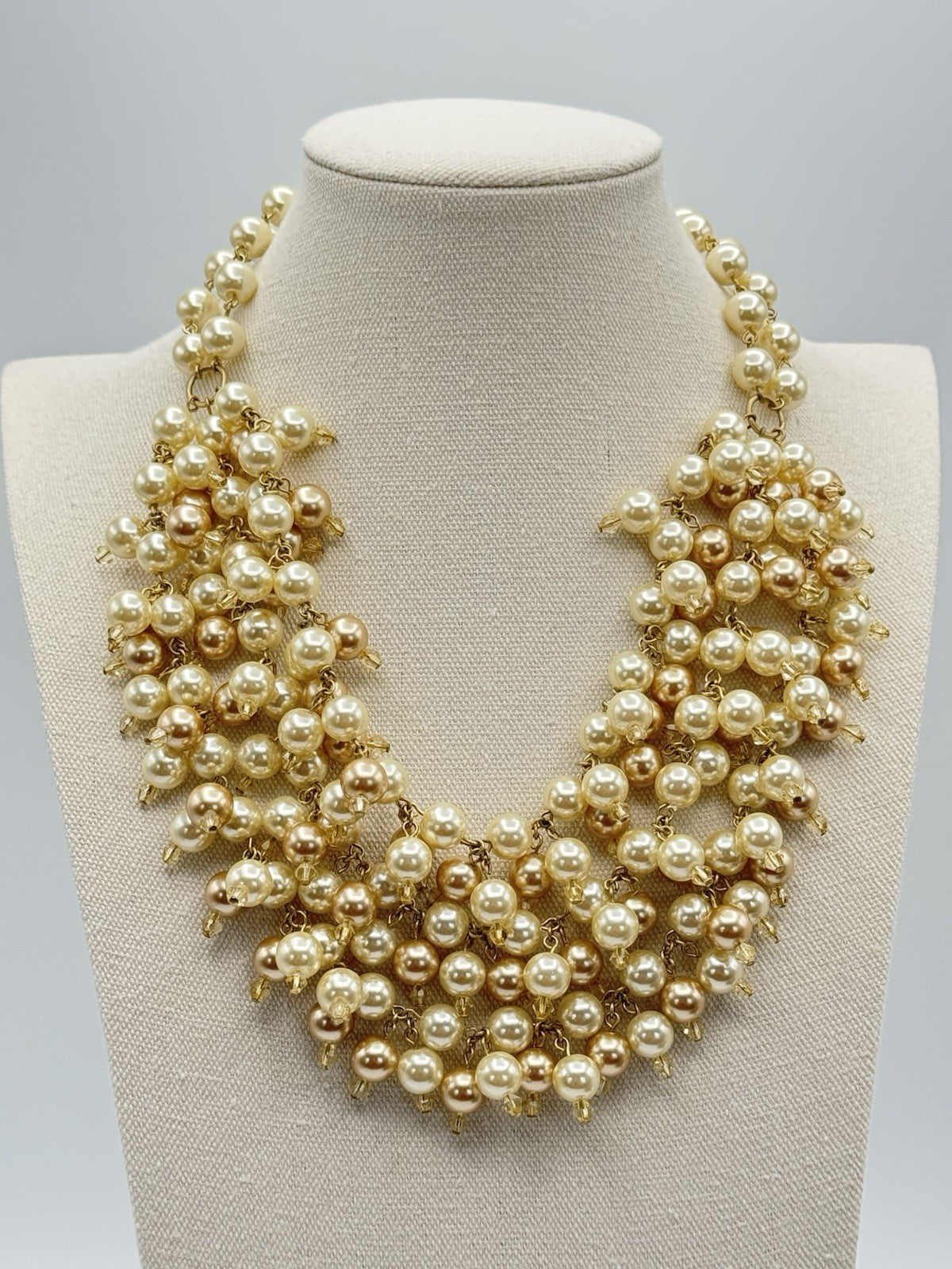 White And Champagne Faux Pearl Bib Choker Necklace ESTATE FIND