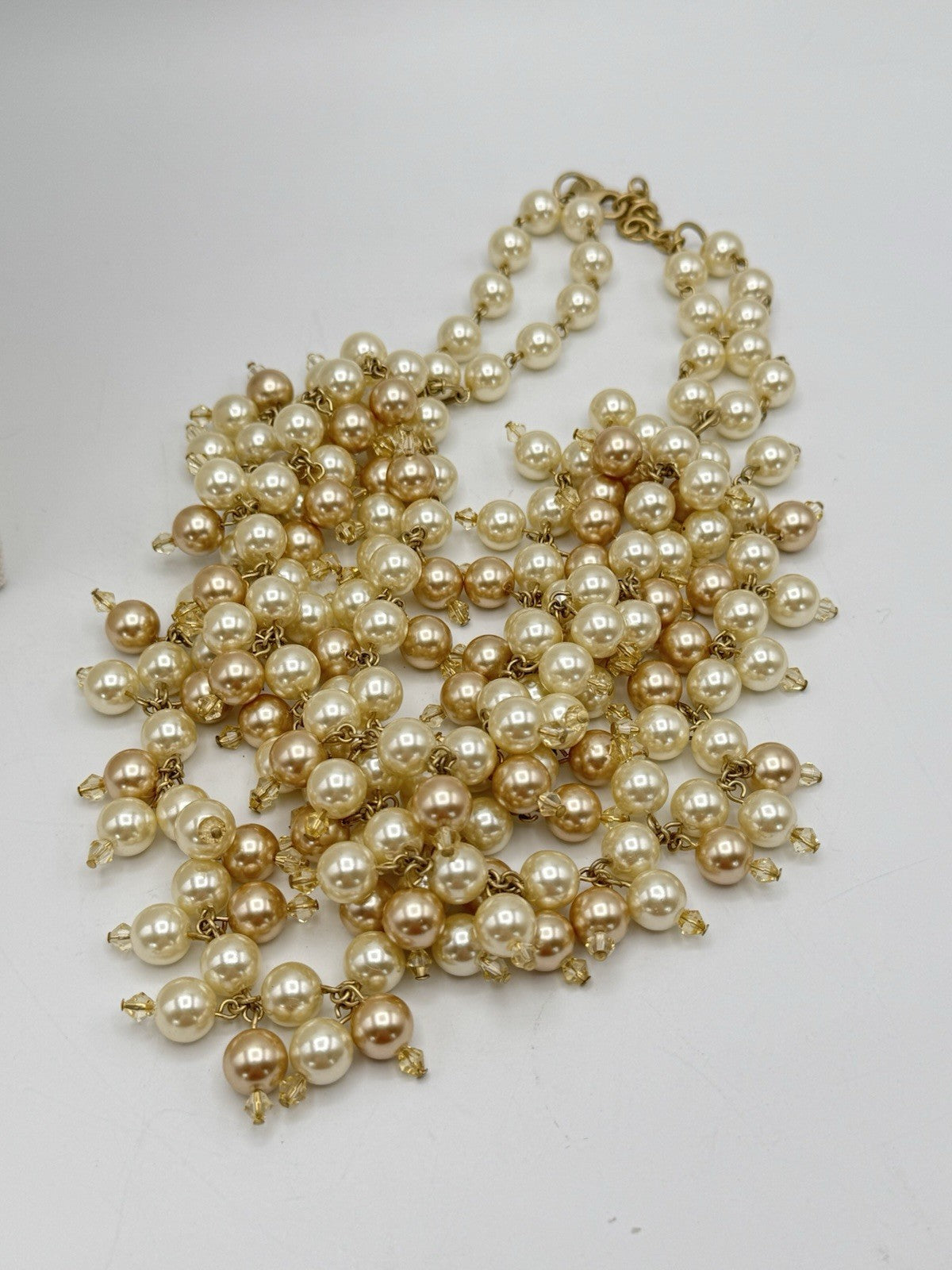 White And Champagne Faux Pearl Bib Choker Necklace ESTATE FIND