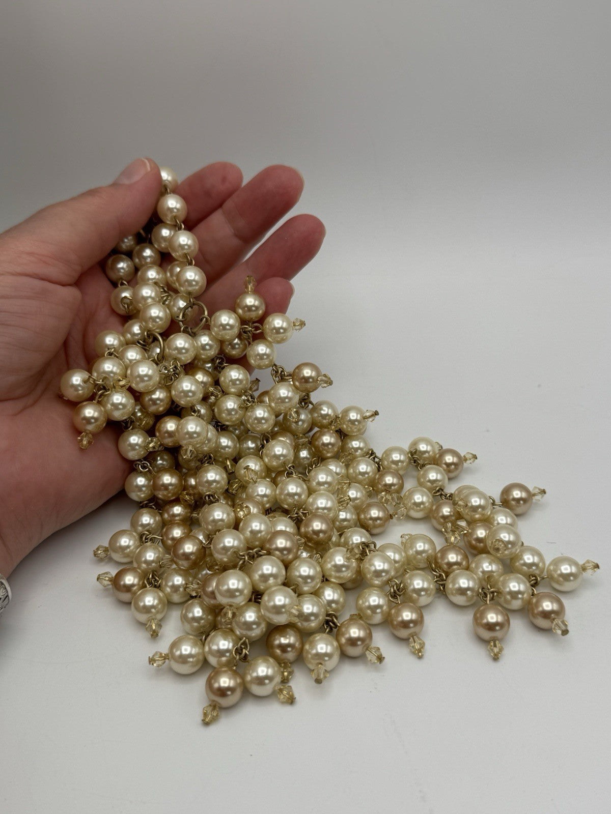 White And Champagne Faux Pearl Bib Choker Necklace ESTATE FIND