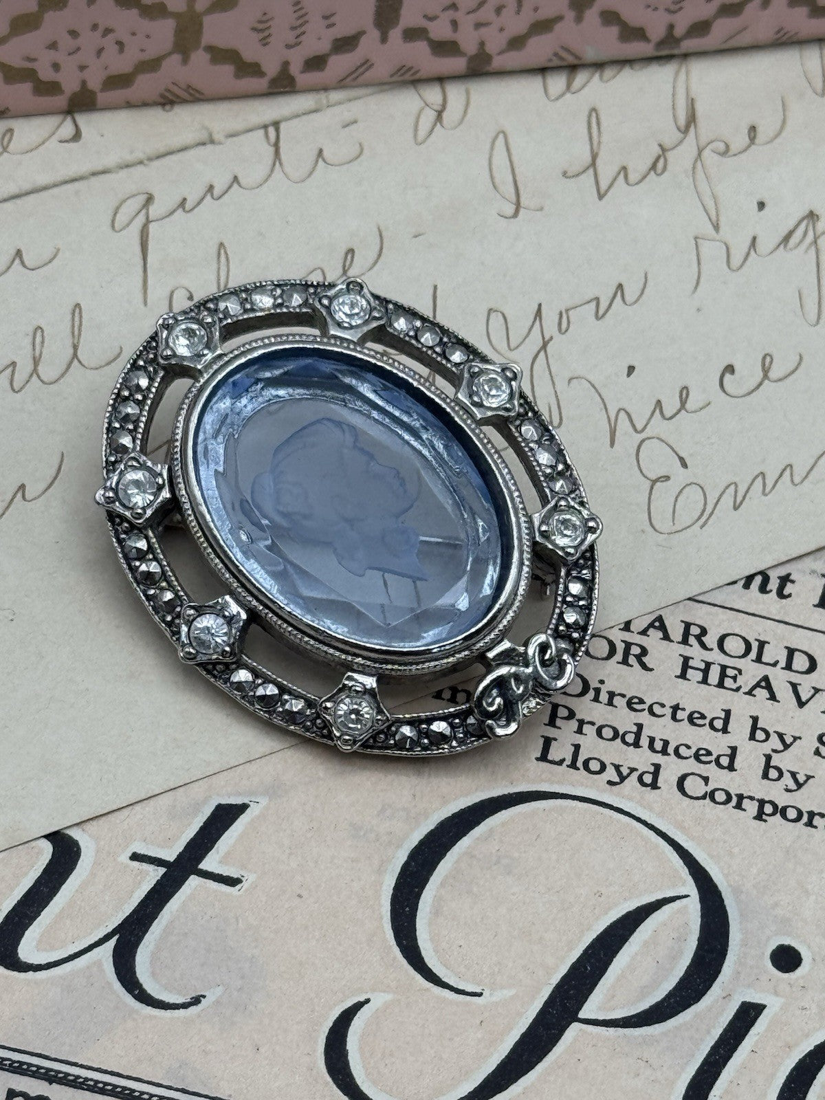 Vintage Blue Glass Intaglio Brooch Avon 1988-89 Presidents Recognition Program