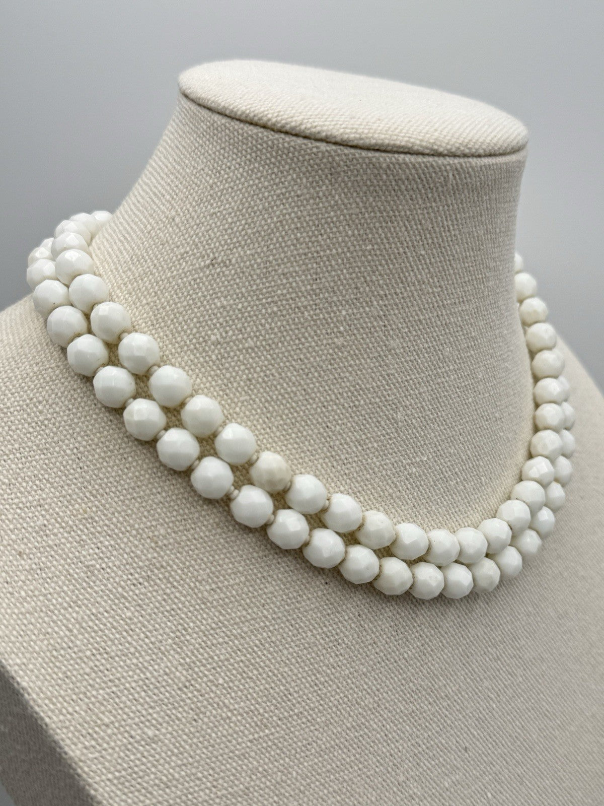 Vintage Milk Glass Necklace Faceted Beads Double Strand 15.5”l