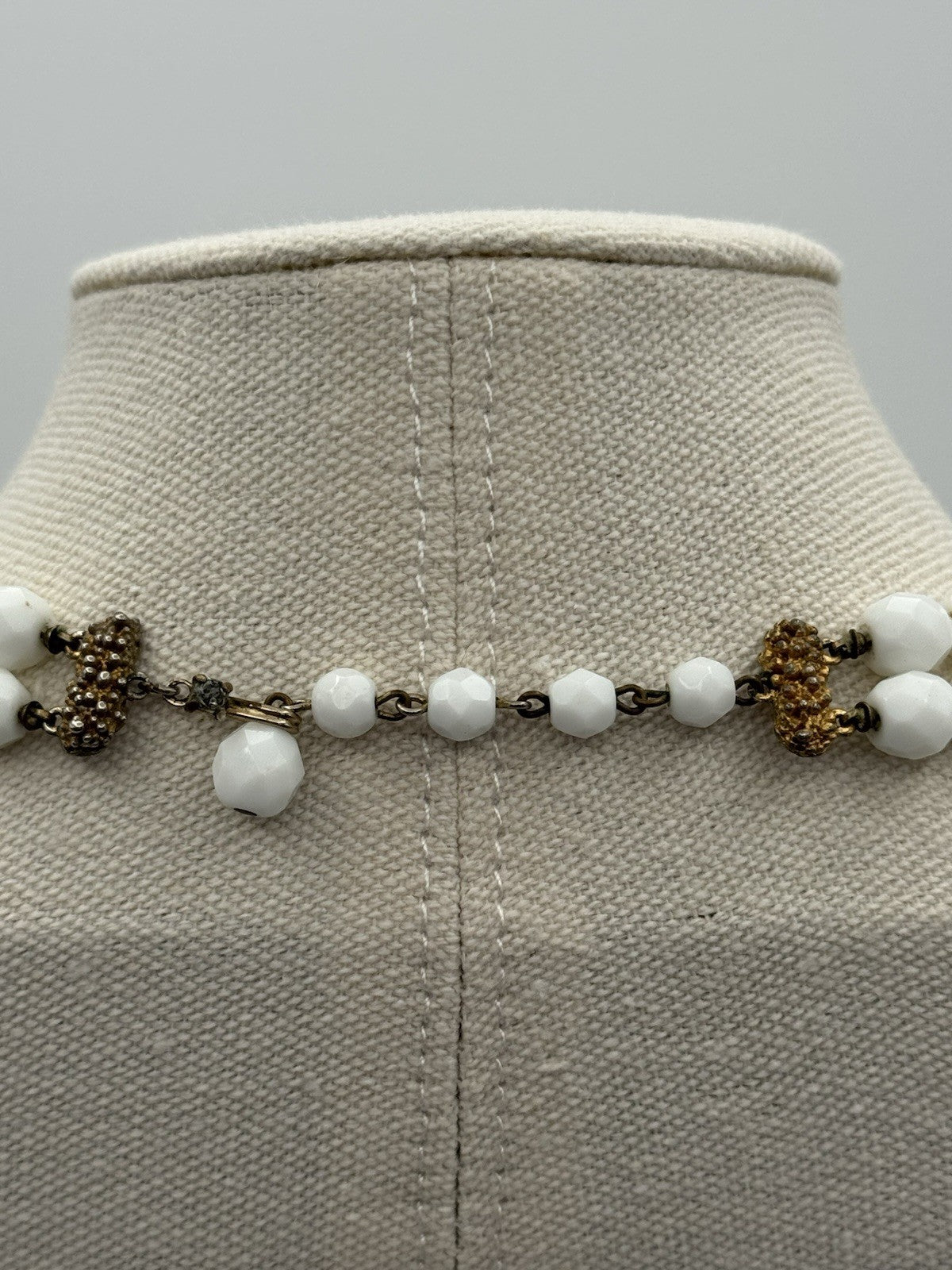 Vintage Milk Glass Necklace Faceted Beads Double Strand 15.5”l