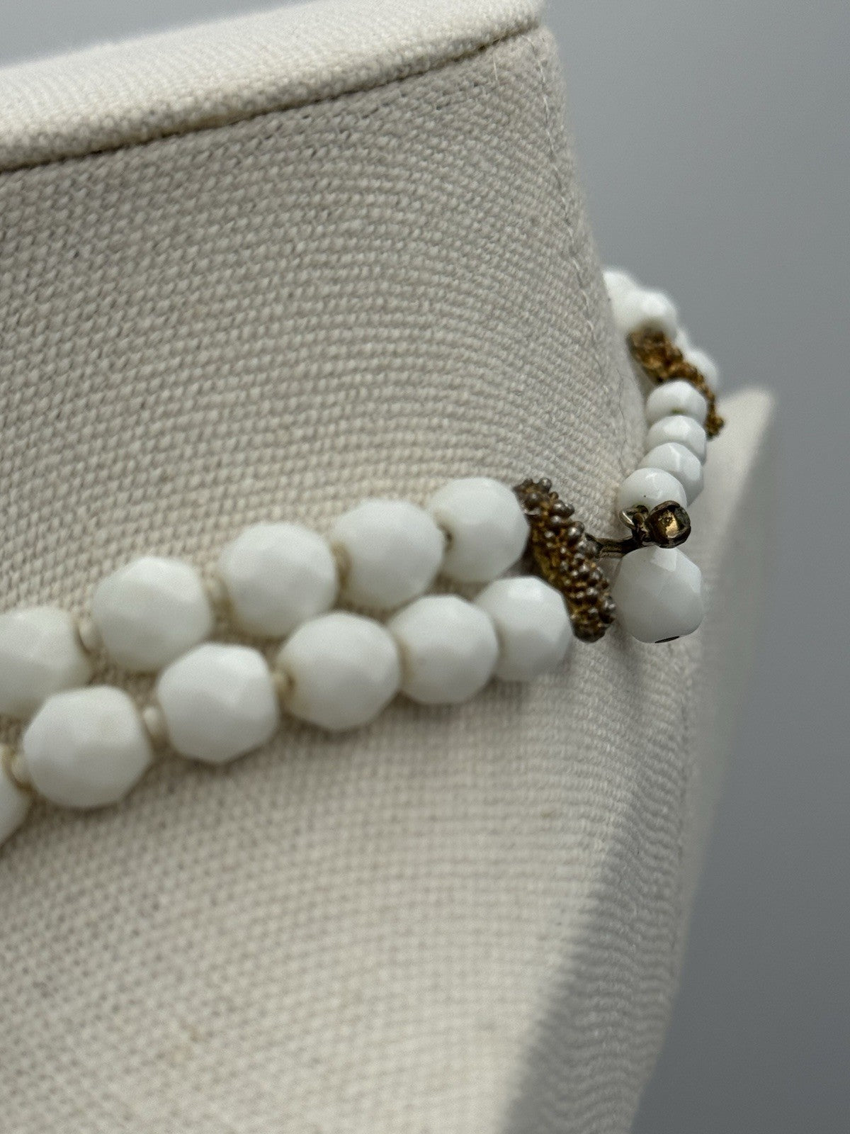 Vintage Milk Glass Necklace Faceted Beads Double Strand 15.5”l