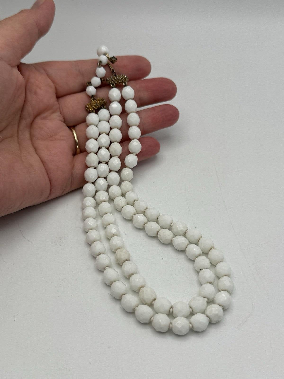 Vintage Milk Glass Necklace Faceted Beads Double Strand 15.5”l